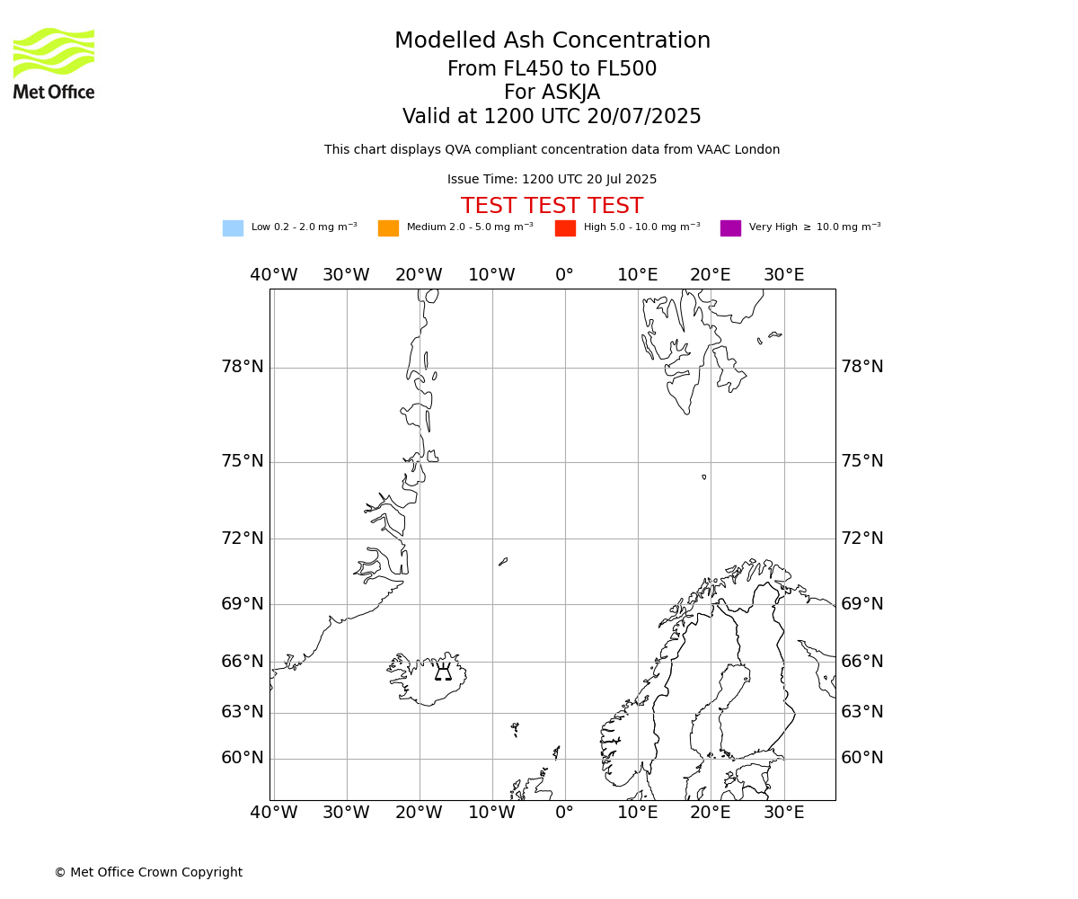 Modelled ash concentration from 450 to 500 for ASKJA. Valid at 1200 UTC 20/07/2025