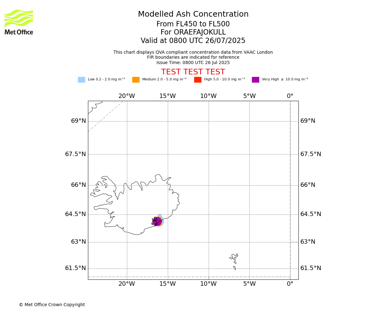 Modelled ash concentration from 450 to 500 for ORAEFAJOKULL. Valid at 0800 UTC 26/07/2025
