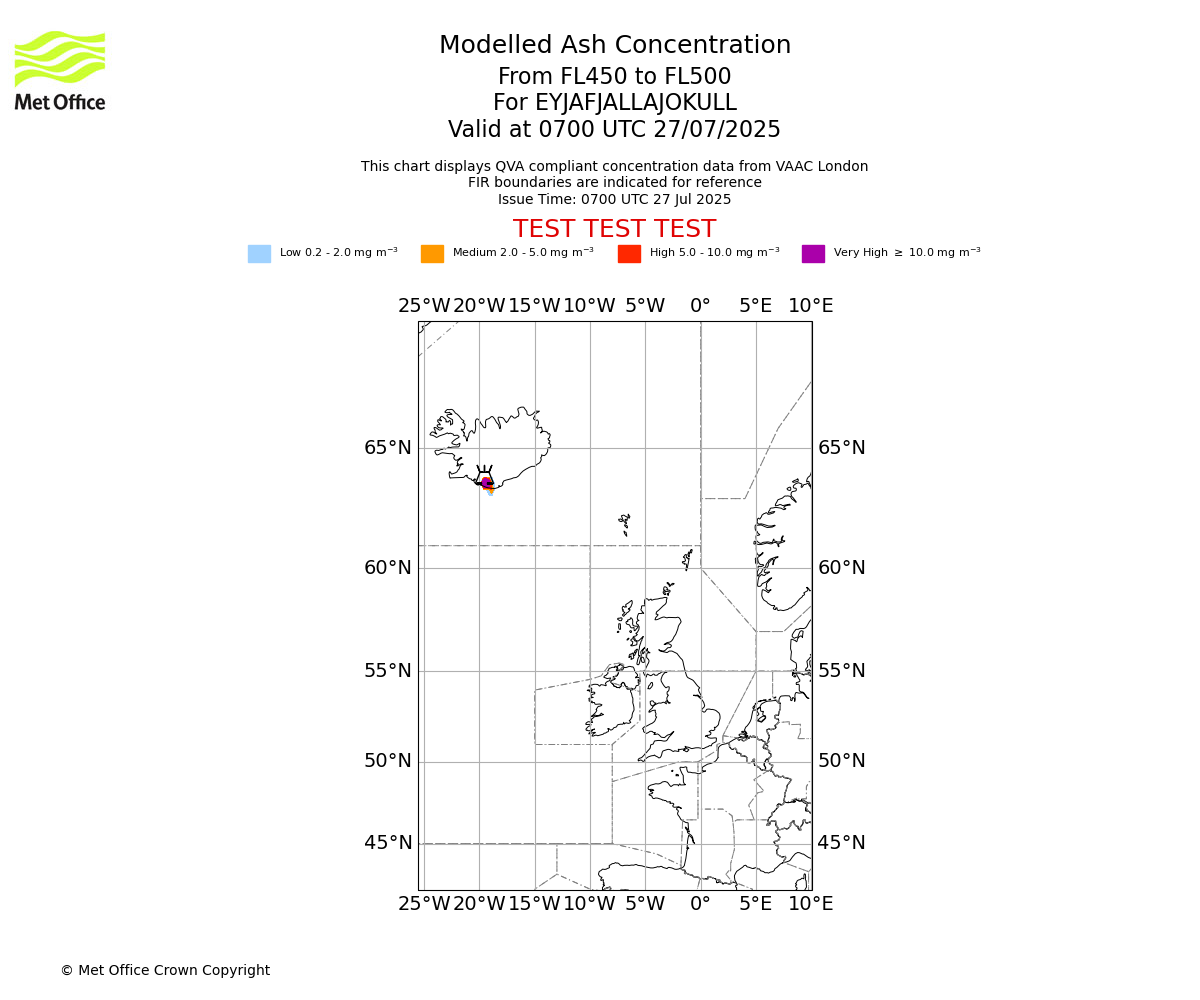 Modelled ash concentration from 450 to 500 for EYJAFJALLAJOKULL. Valid at 0700 UTC 27/07/2025
