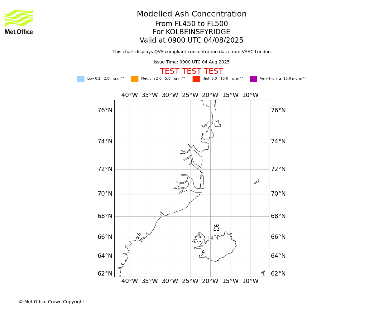 Modelled ash concentration from 450 to 500 for KOLBEINSEYRIDGE. Valid at 0900 UTC 04/08/2025
