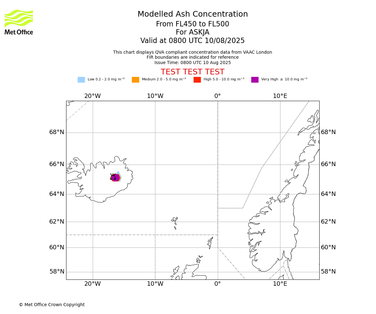 Modelled ash concentration from 450 to 500 for ASKJA. Valid at 0800 UTC 10/08/2025