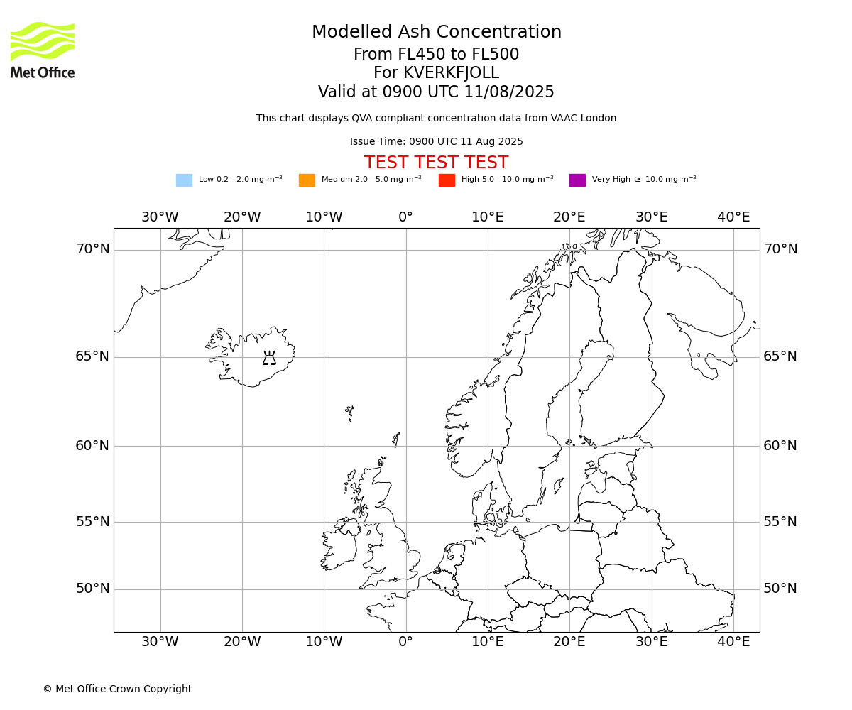 Modelled ash concentration from 450 to 500 for KVERKFJOLL. Valid at 0900 UTC 11/08/2025