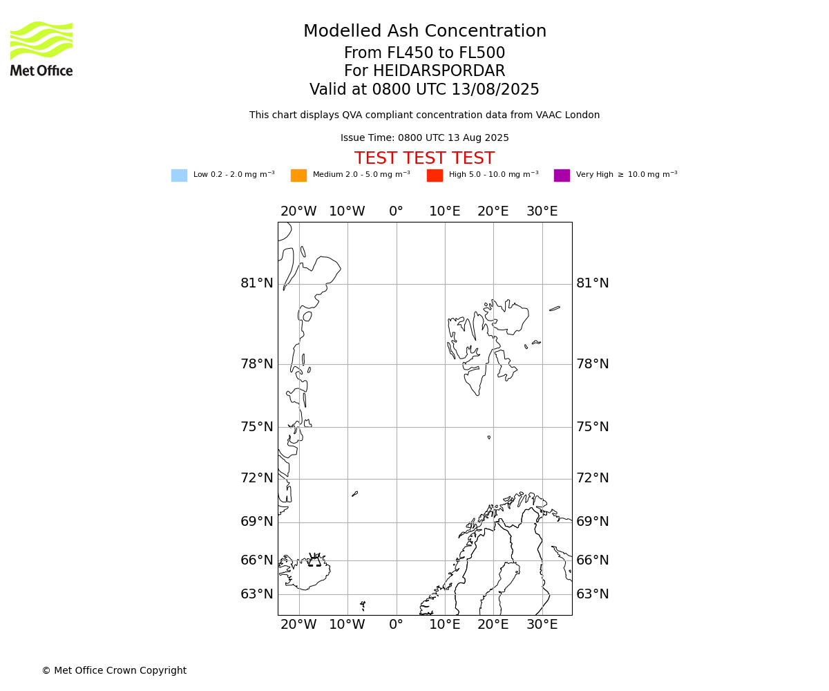 Modelled ash concentration from 450 to 500 for HEIDARSPORDAR. Valid at 0800 UTC 13/08/2025