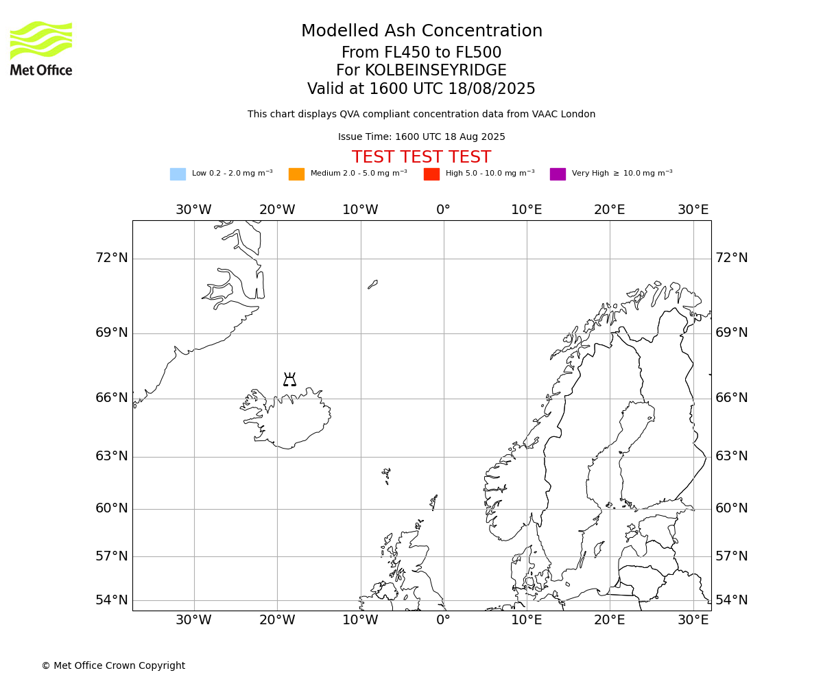 Modelled ash concentration from 450 to 500 for KOLBEINSEYRIDGE. Valid at 1600 UTC 18/08/2025