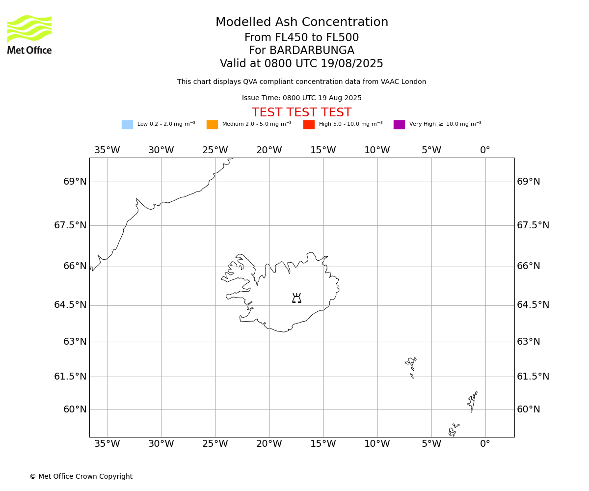 Modelled ash concentration from 450 to 500 for BARDARBUNGA. Valid at 0800 UTC 19/08/2025