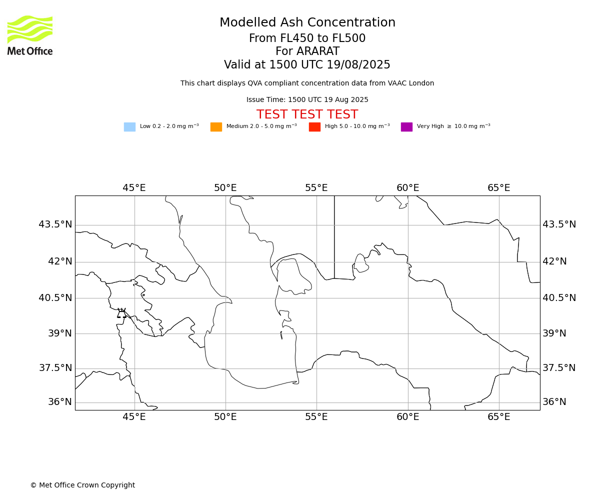 Modelled ash concentration from 450 to 500 for ARARAT. Valid at 1500 UTC 19/08/2025