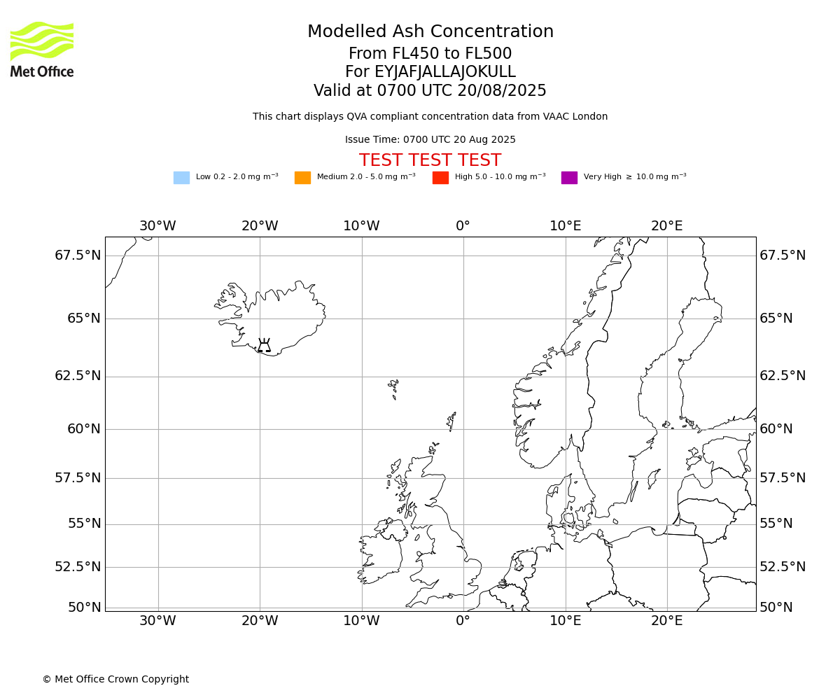 Modelled ash concentration from 450 to 500 for EYJAFJALLAJOKULL. Valid at 0700 UTC 20/08/2025