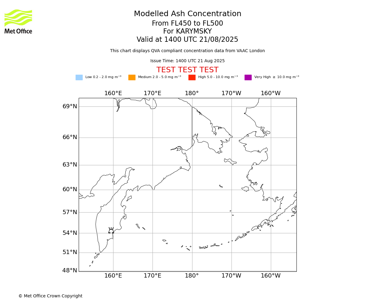Modelled ash concentration from 450 to 500 for KARYMSKY. Valid at 1400 UTC 21/08/2025