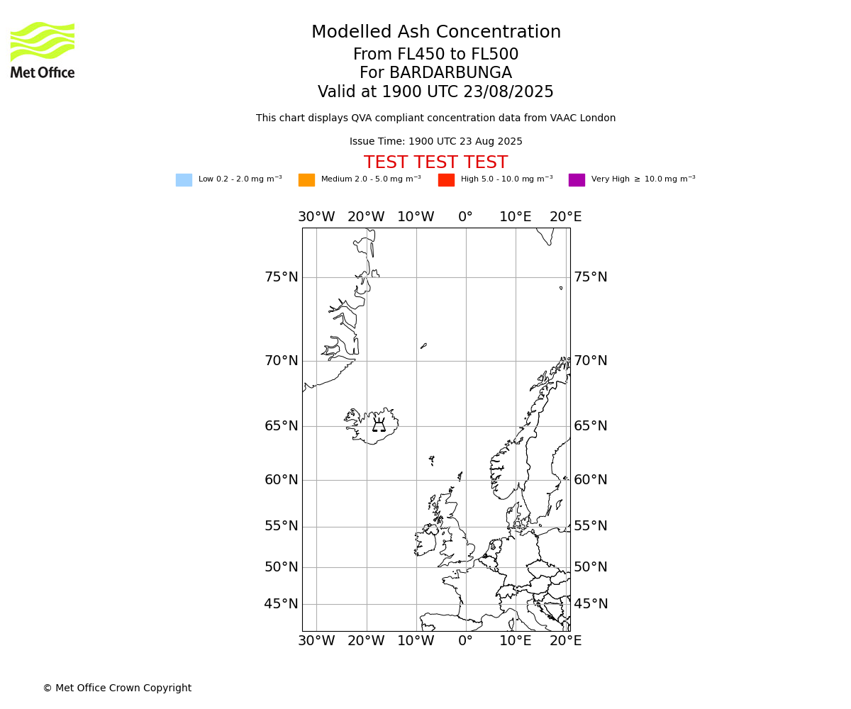 Modelled ash concentration from 450 to 500 for BARDARBUNGA. Valid at 1900 UTC 23/08/2025