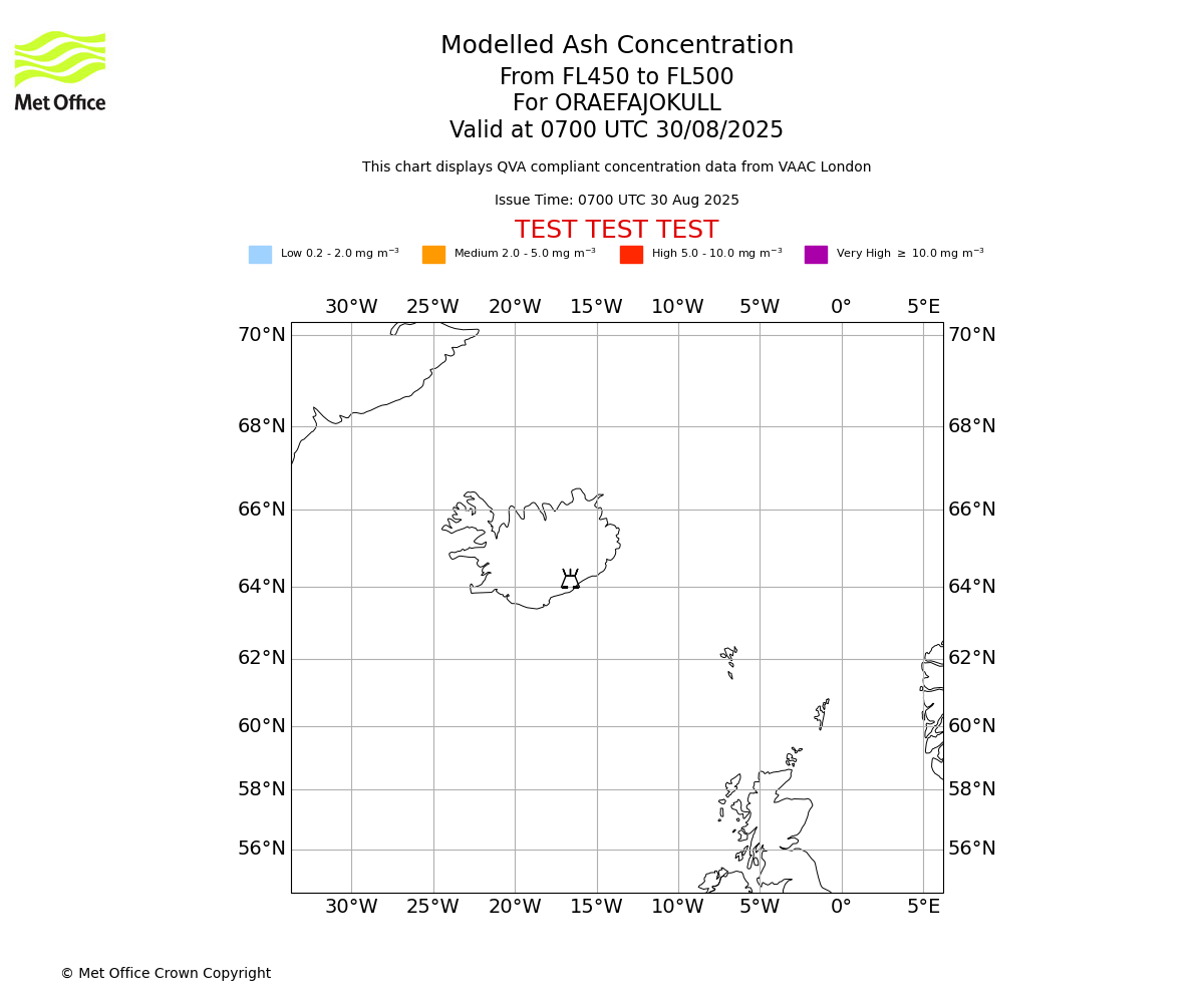Modelled ash concentration from 450 to 500 for ORAEFAJOKULL. Valid at 0700 UTC 30/08/2025