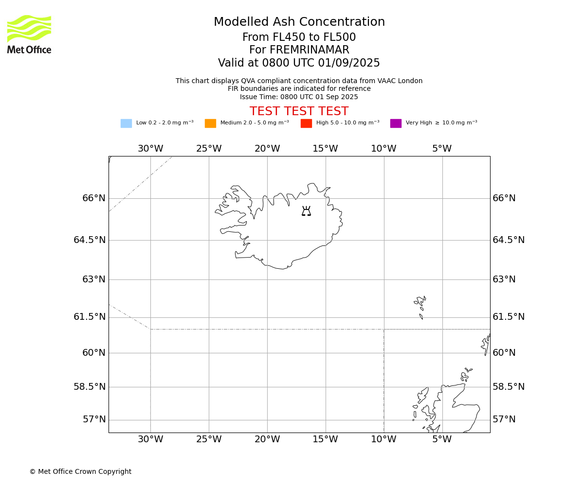 Modelled ash concentration from 450 to 500 for FREMRINAMAR. Valid at 0800 UTC 01/09/2025