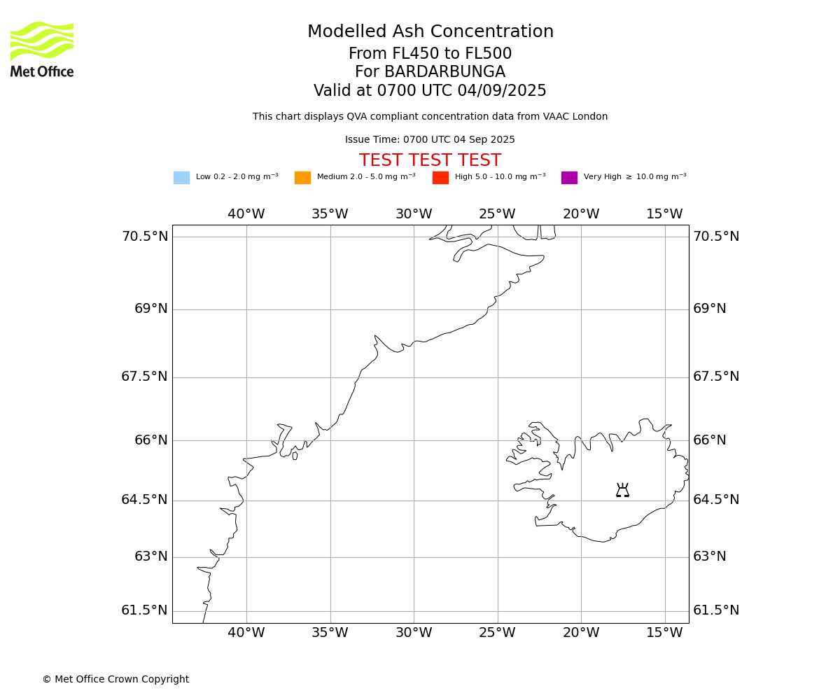 Modelled ash concentration from 450 to 500 for BARDARBUNGA. Valid at 0700 UTC 04/09/2025