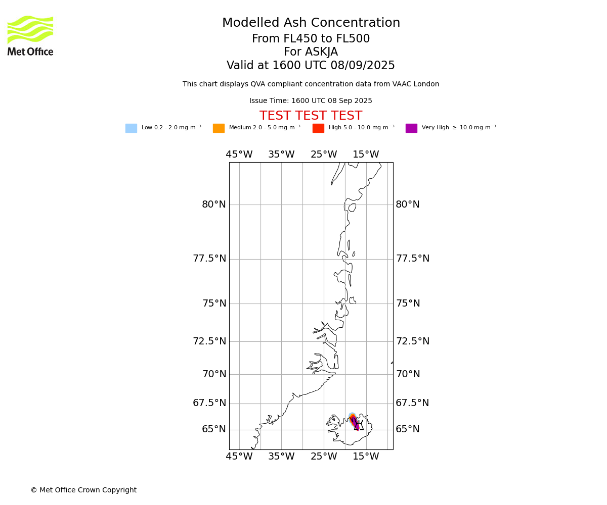 Modelled ash concentration from 450 to 500 for ASKJA. Valid at 1600 UTC 08/09/2025