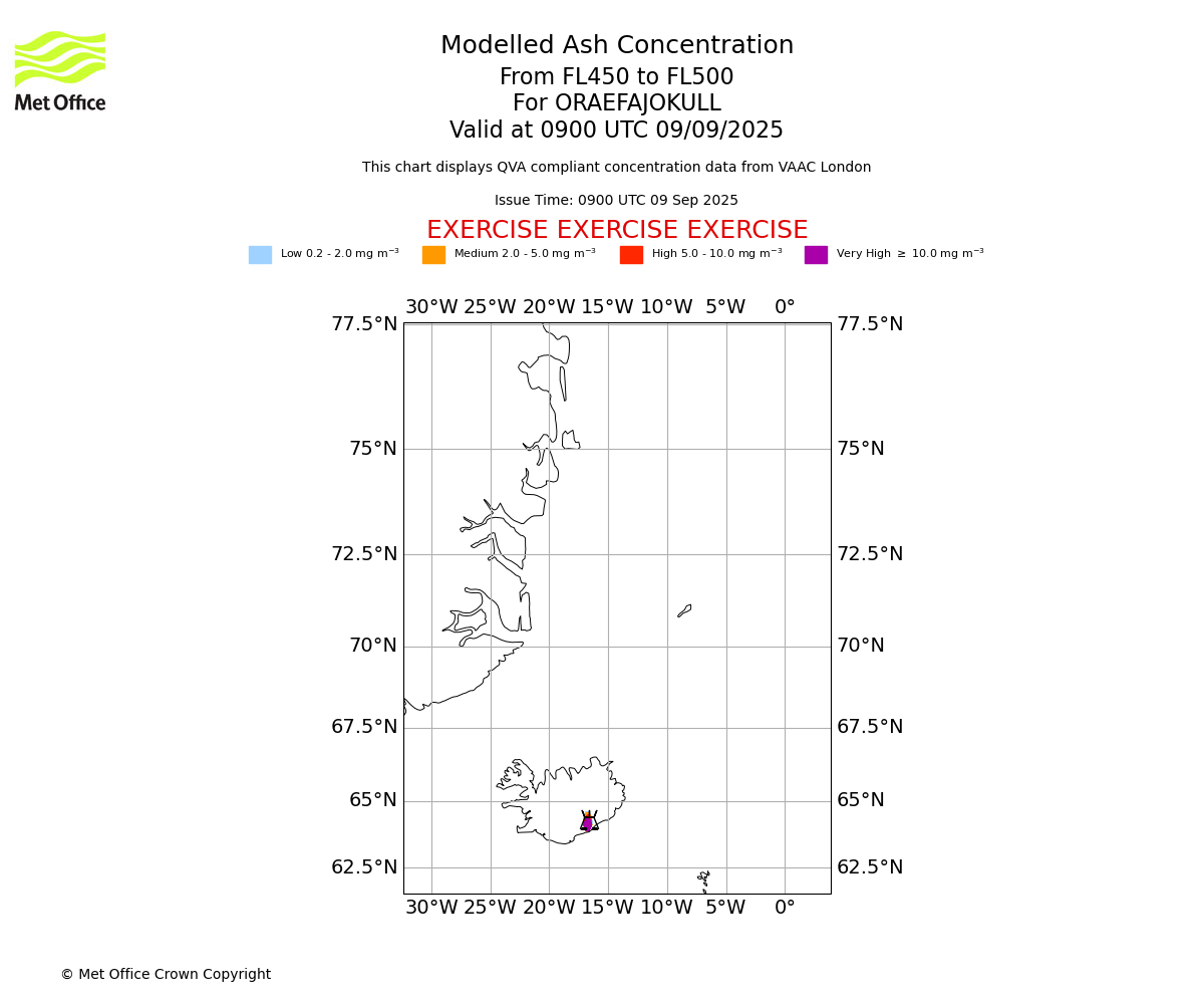 Modelled ash concentration from 450 to 500 for ORAEFAJOKULL. Valid at 0900 UTC 09/09/2025