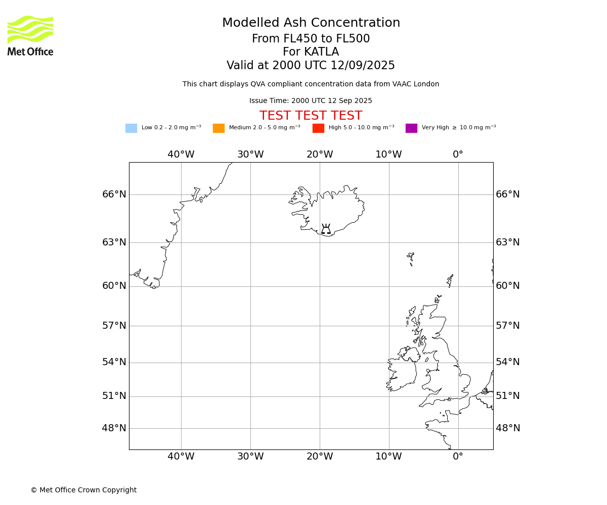 Modelled ash concentration from 450 to 500 for KATLA. Valid at 2000 UTC 12/09/2025