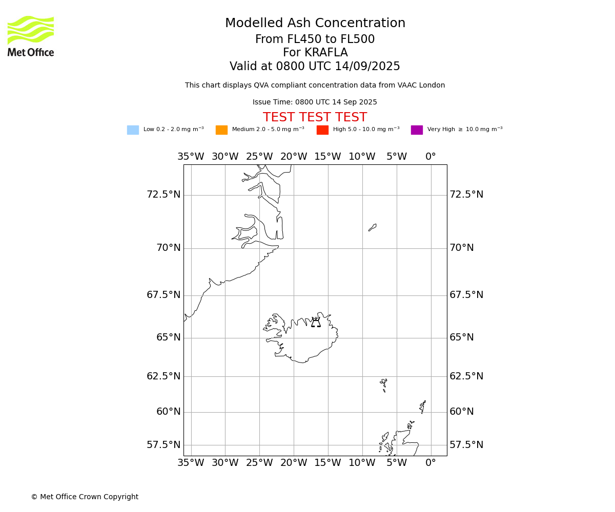 Modelled ash concentration from 450 to 500 for KRAFLA. Valid at 0800 UTC 14/09/2025