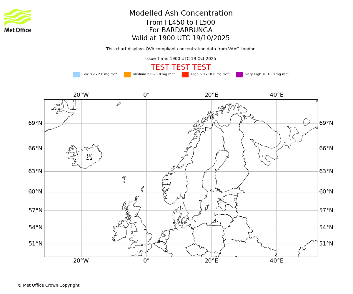 Modelled ash concentration from 450 to 500 for BARDARBUNGA. Valid at 1900 UTC 19/10/2025