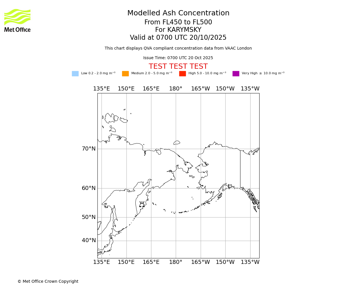Modelled ash concentration from 450 to 500 for KARYMSKY. Valid at 0700 UTC 20/10/2025