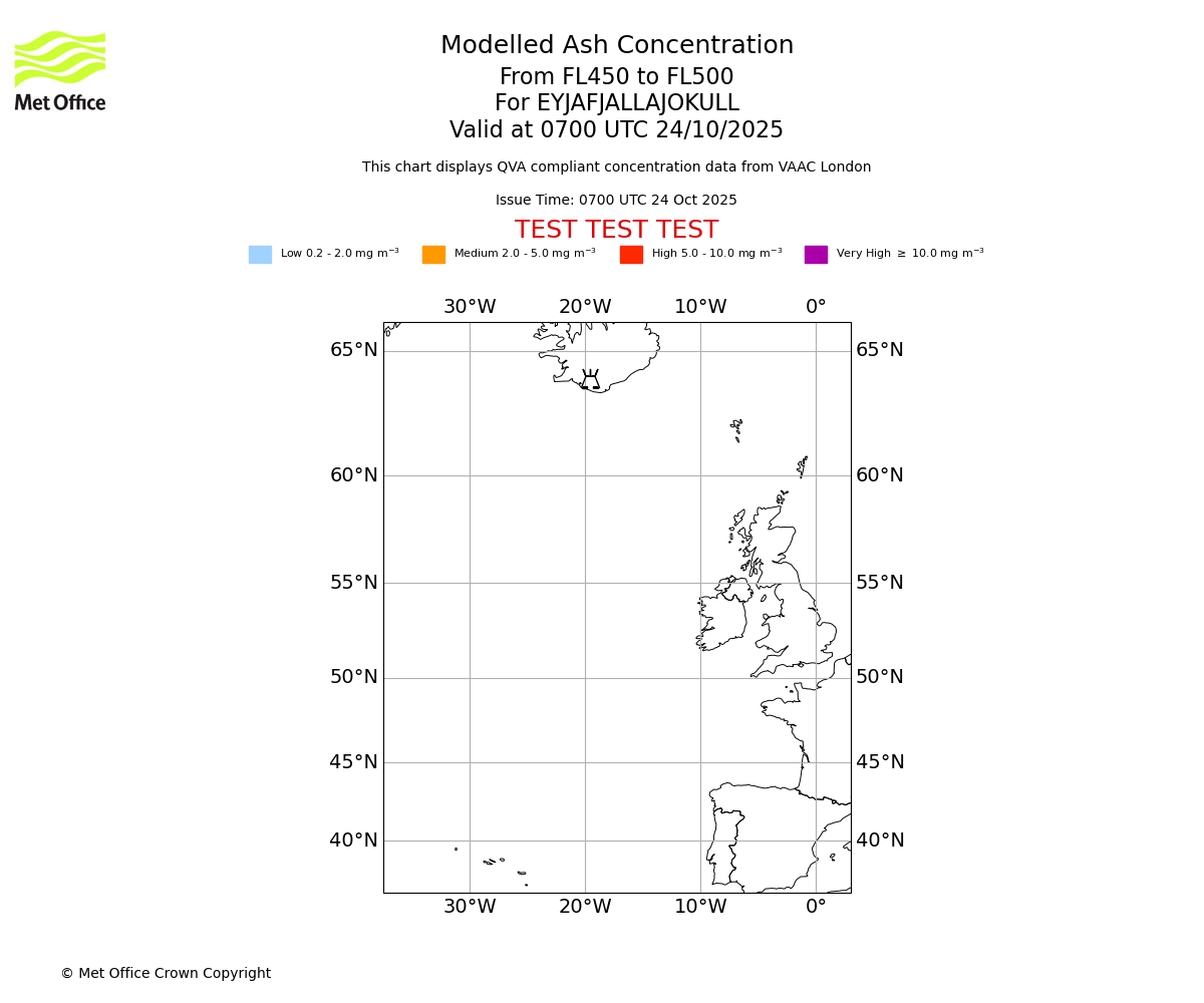 Modelled ash concentration from 450 to 500 for EYJAFJALLAJOKULL. Valid at 0700 UTC 24/10/2025