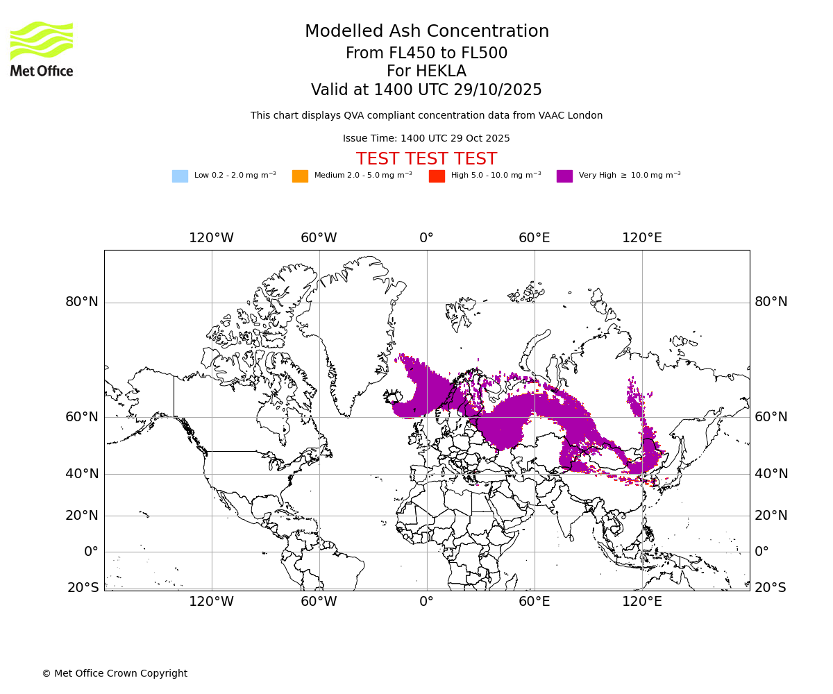 Modelled ash concentration from 450 to 500 for HEKLA. Valid at 1400 UTC 29/10/2025
