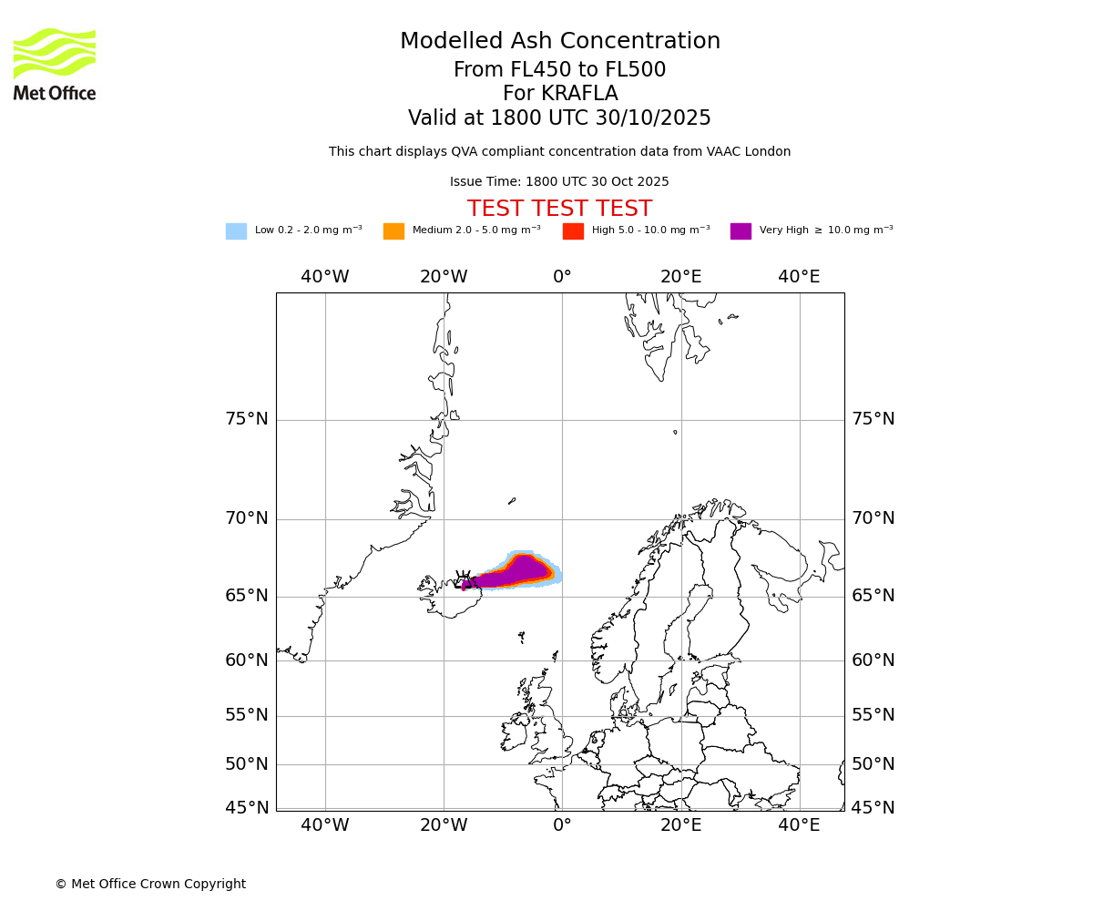 Modelled ash concentration from 450 to 500 for KRAFLA. Valid at 1800 UTC 30/10/2025