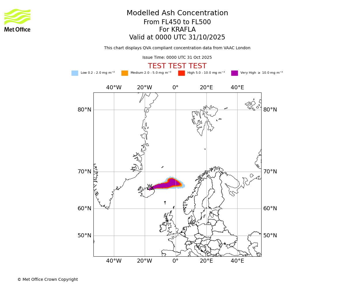 Modelled ash concentration from 450 to 500 for KRAFLA. Valid at 0000 UTC 31/10/2025