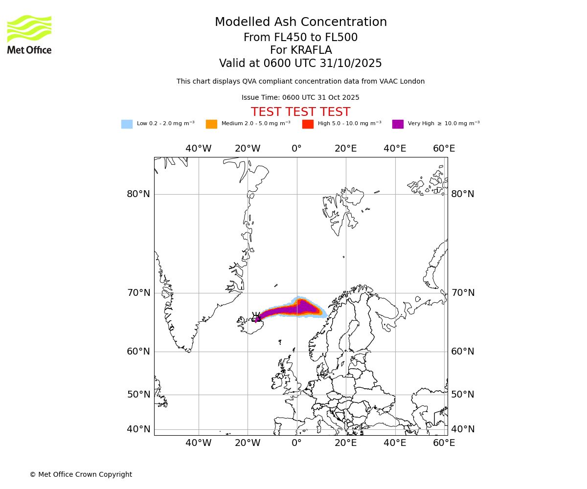 Modelled ash concentration from 450 to 500 for KRAFLA. Valid at 0600 UTC 31/10/2025