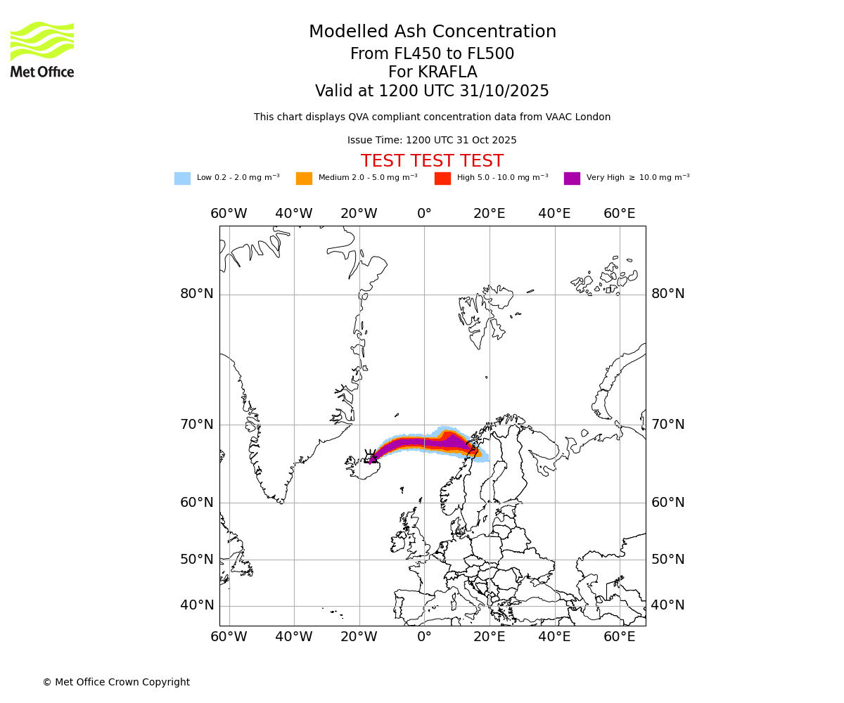 Modelled ash concentration from 450 to 500 for KRAFLA. Valid at 1200 UTC 31/10/2025