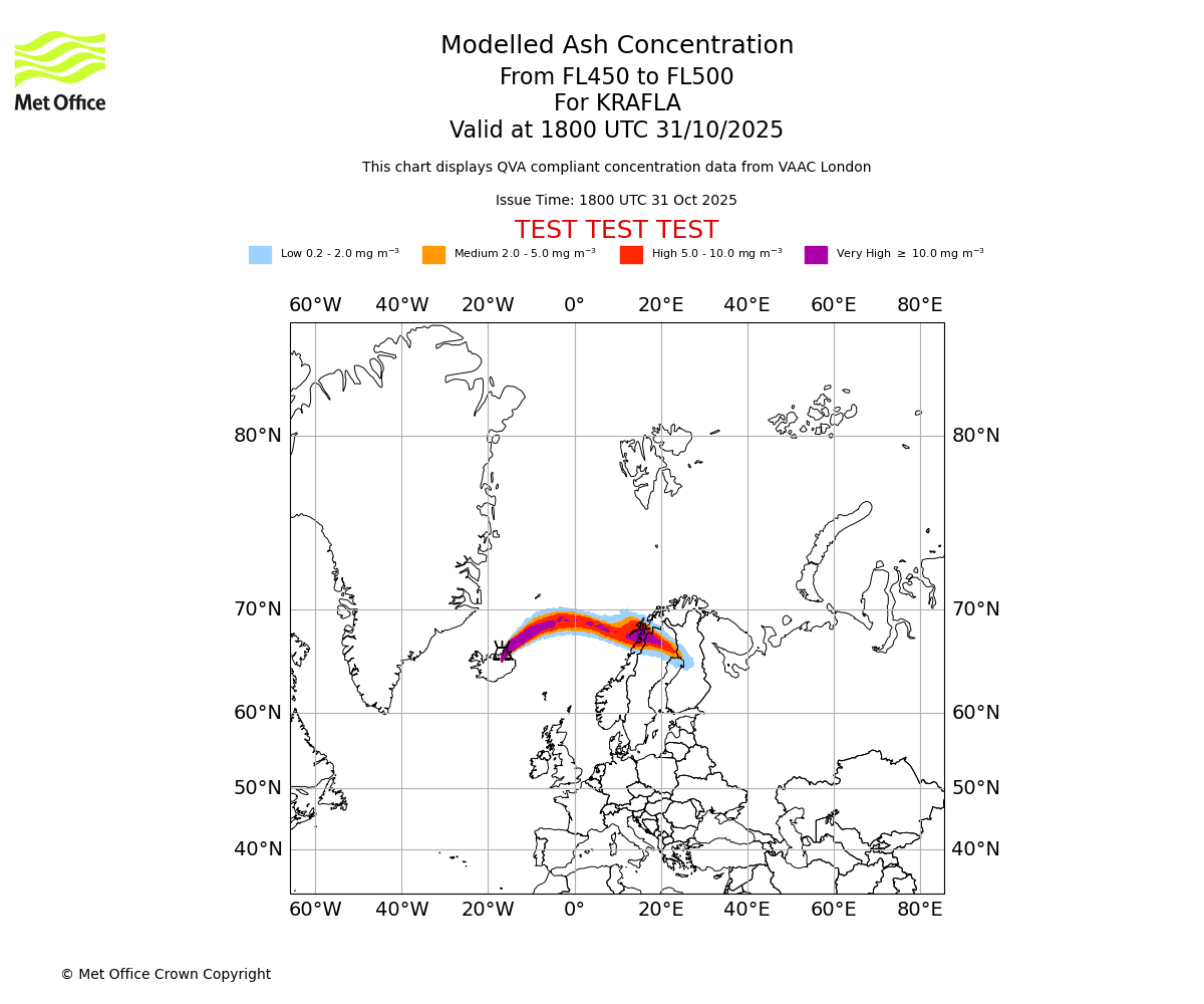 Modelled ash concentration from 450 to 500 for KRAFLA. Valid at 1800 UTC 31/10/2025