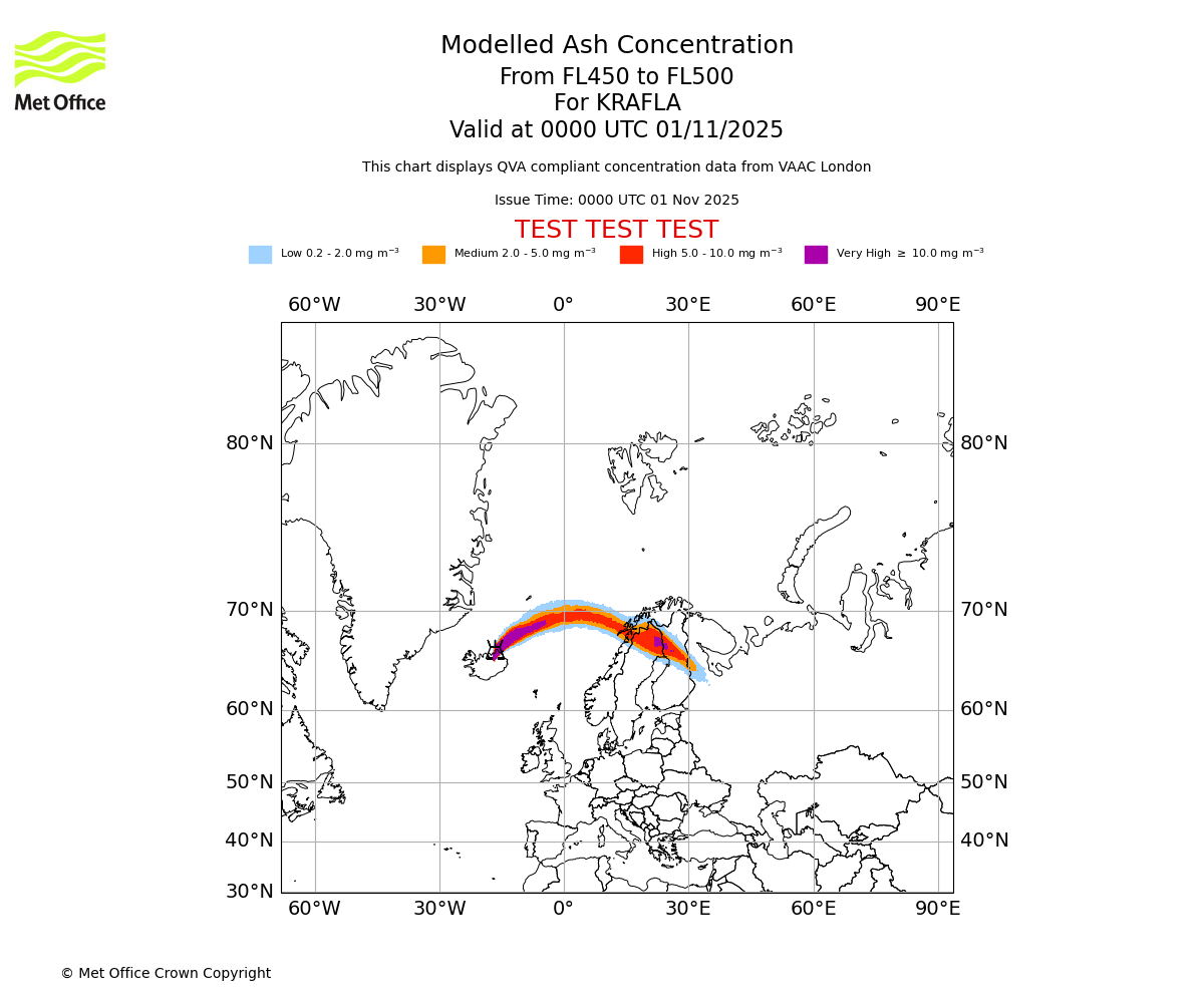 Modelled ash concentration from 450 to 500 for KRAFLA. Valid at 0000 UTC 01/11/2025