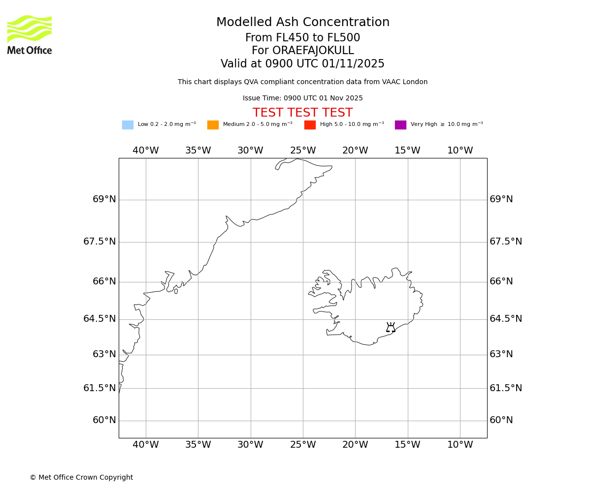 Modelled ash concentration from 450 to 500 for ORAEFAJOKULL. Valid at 0900 UTC 01/11/2025