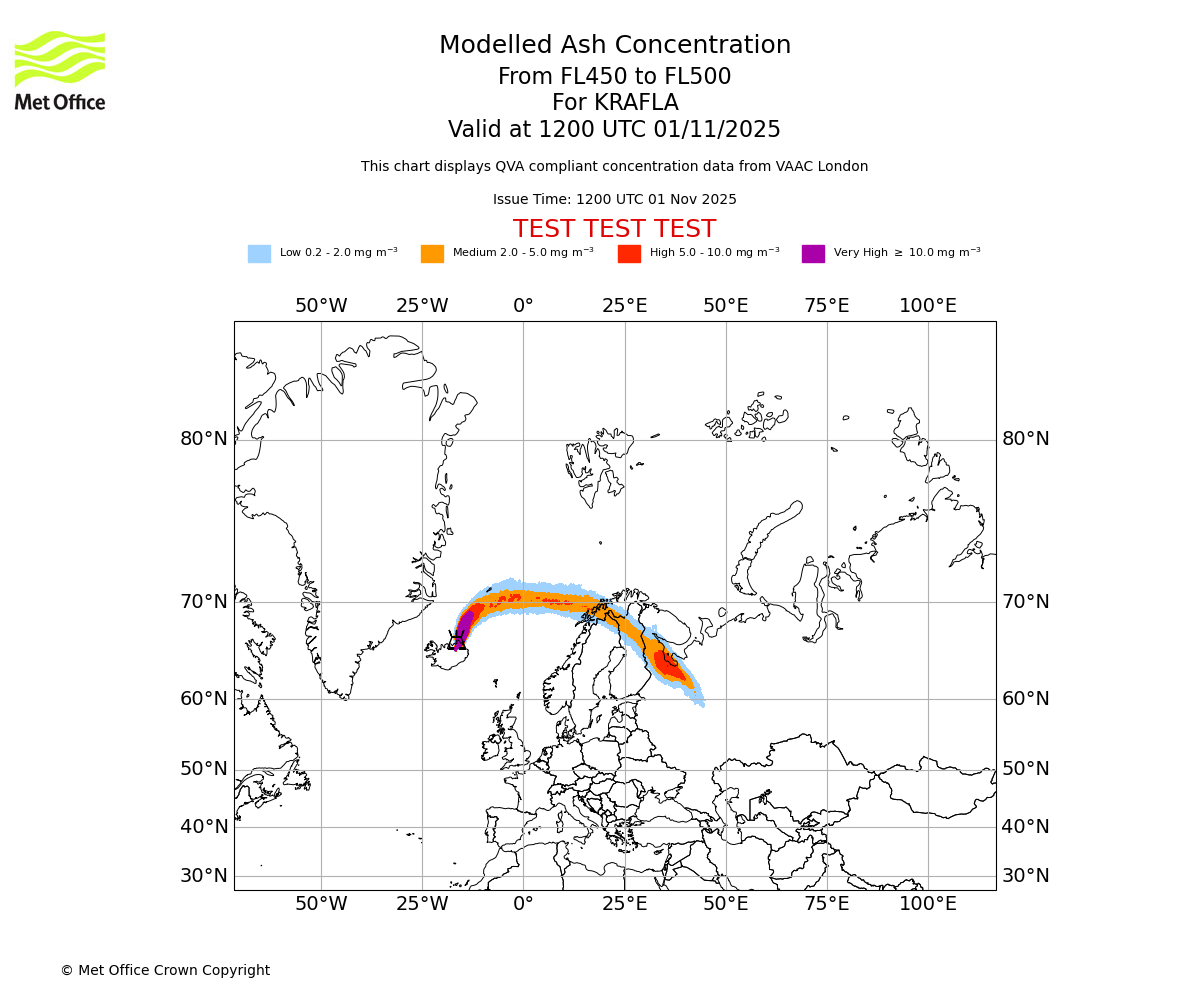 Modelled ash concentration from 450 to 500 for KRAFLA. Valid at 1200 UTC 01/11/2025