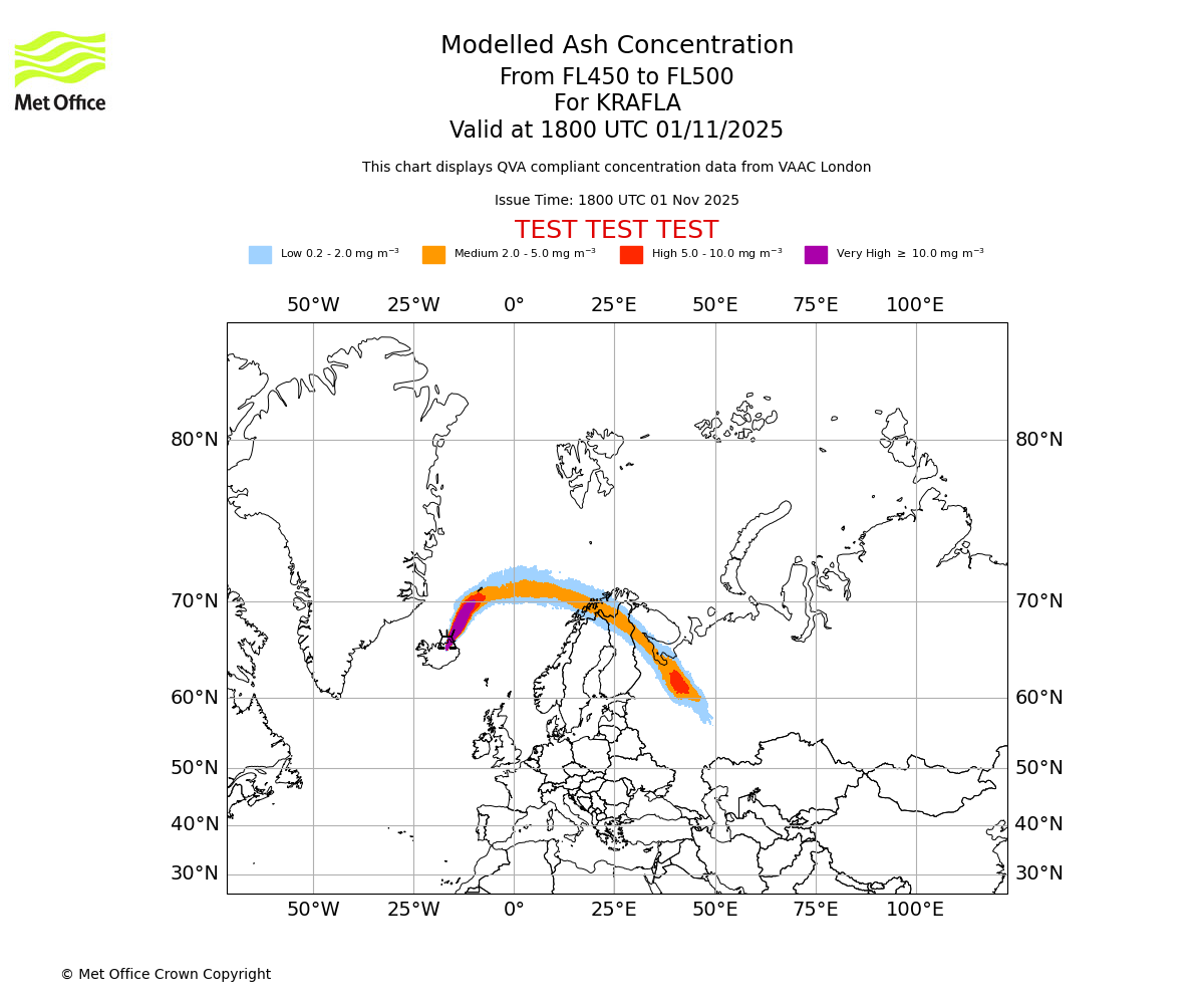 Modelled ash concentration from 450 to 500 for KRAFLA. Valid at 1800 UTC 01/11/2025