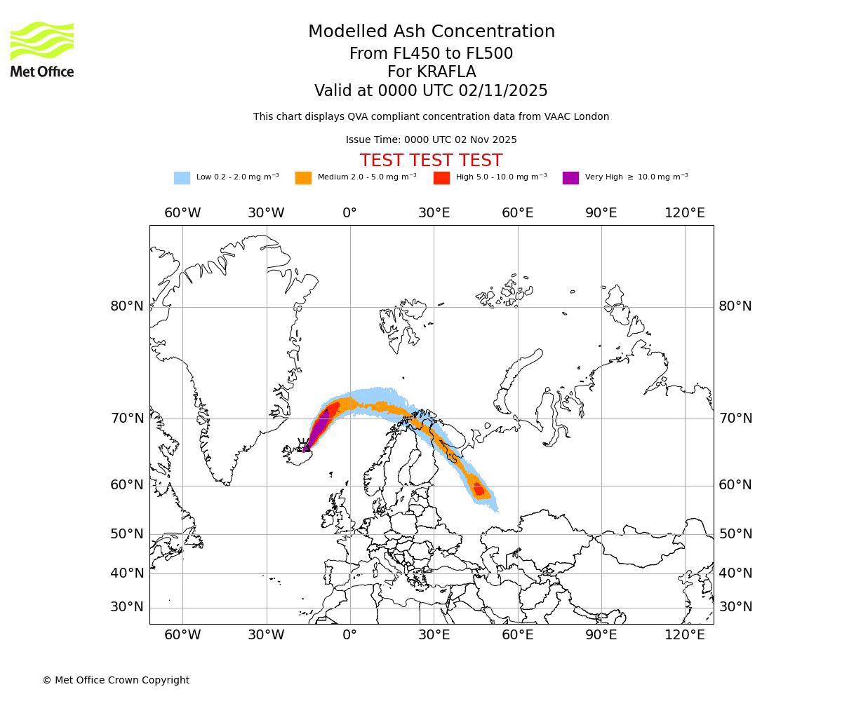 Modelled ash concentration from 450 to 500 for KRAFLA. Valid at 0000 UTC 02/11/2025