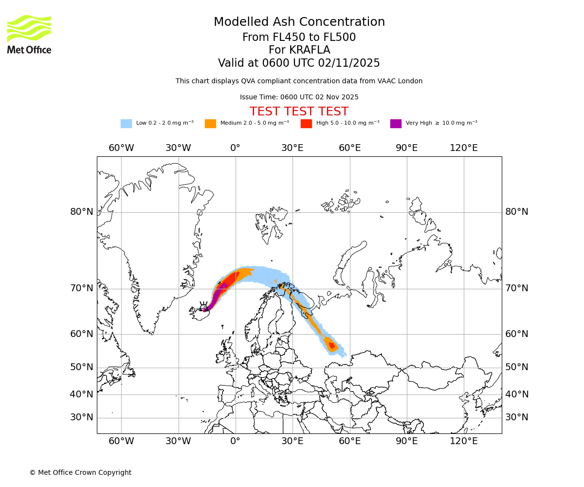 Modelled ash concentration from 450 to 500 for KRAFLA. Valid at 0600 UTC 02/11/2025