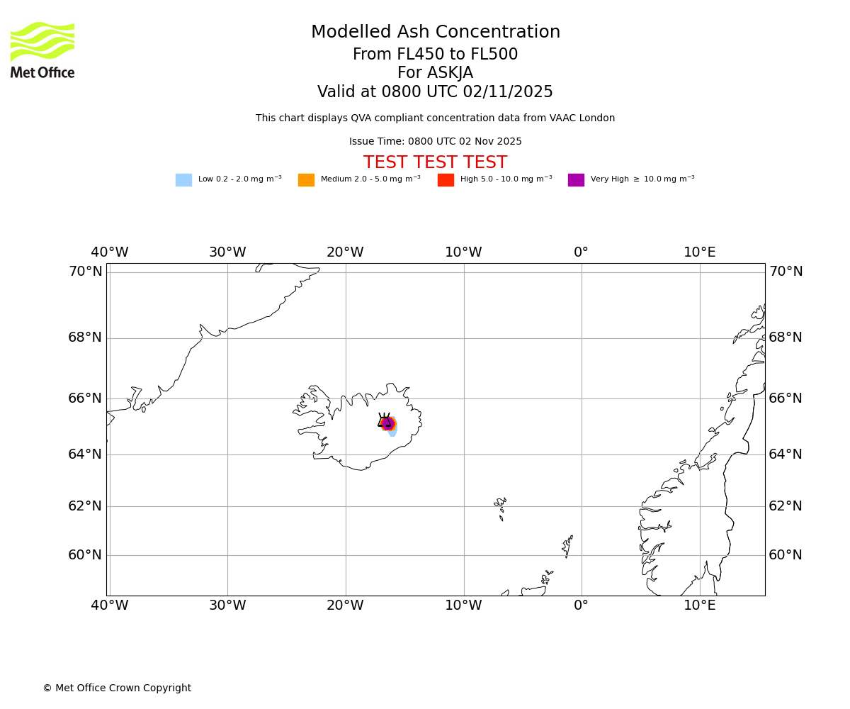 Modelled ash concentration from 450 to 500 for ASKJA. Valid at 0800 UTC 02/11/2025