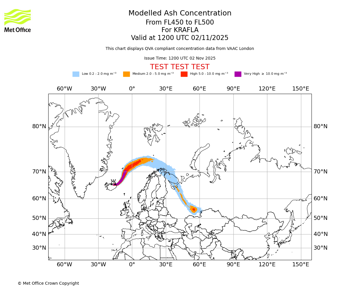 Modelled ash concentration from 450 to 500 for KRAFLA. Valid at 1200 UTC 02/11/2025