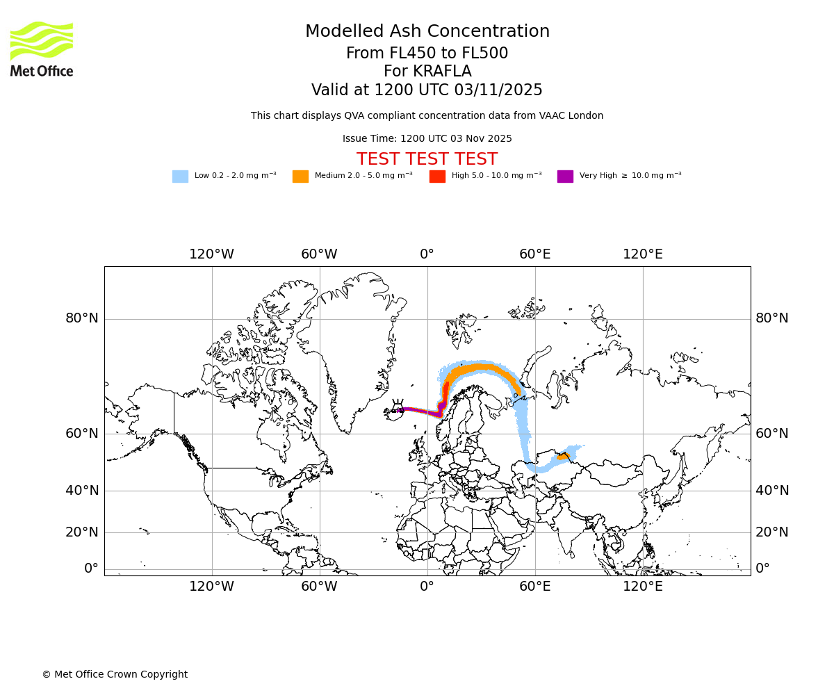 Modelled ash concentration from 450 to 500 for KRAFLA. Valid at 1200 UTC 03/11/2025