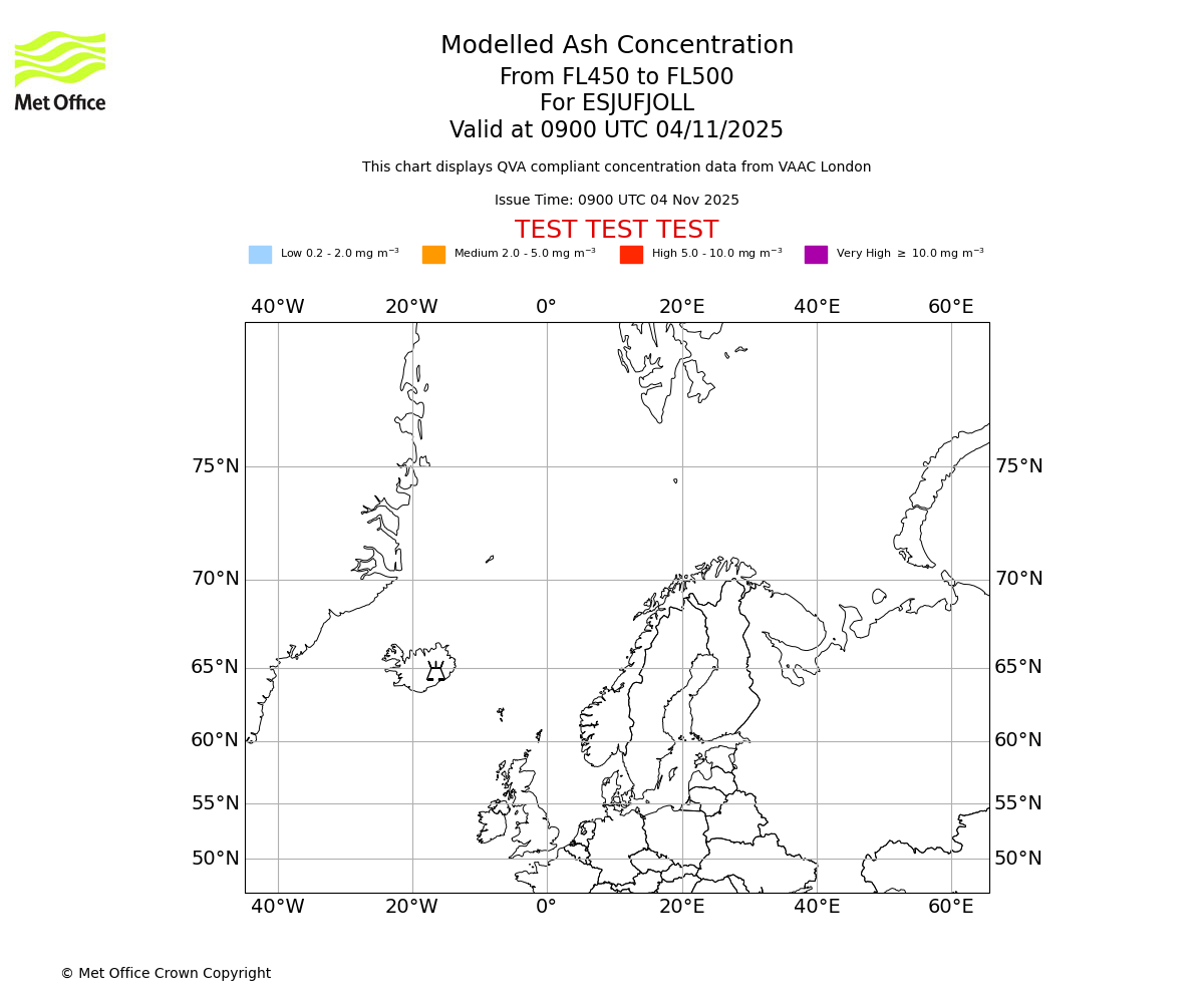 Modelled ash concentration from 450 to 500 for ESJUFJOLL. Valid at 0900 UTC 04/11/2025