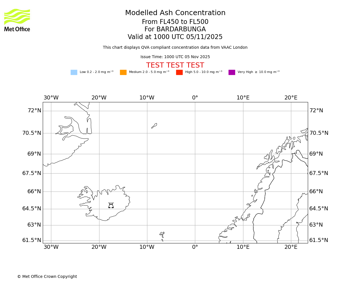 Modelled ash concentration from 450 to 500 for BARDARBUNGA. Valid at 1000 UTC 05/11/2025