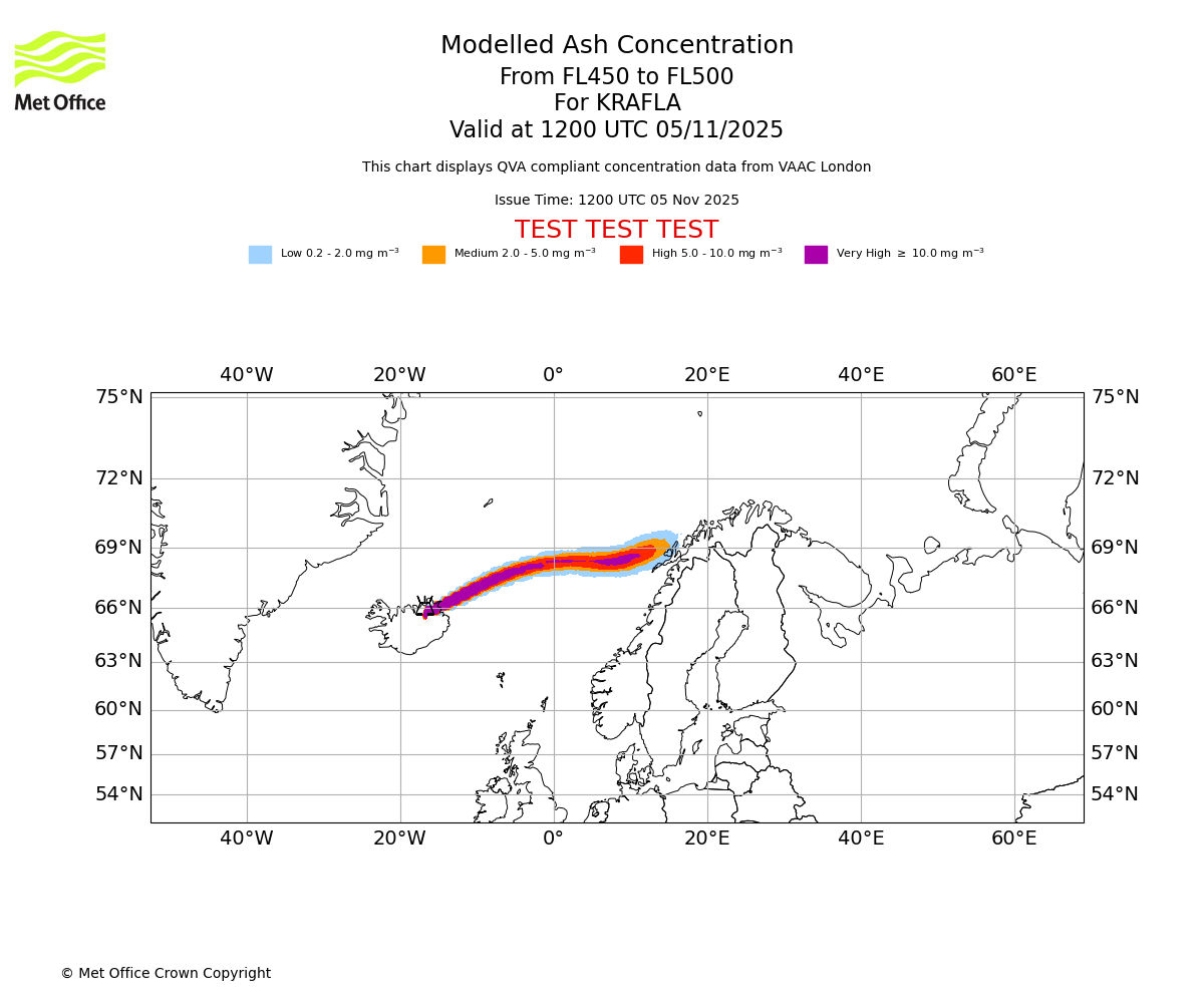 Modelled ash concentration from 450 to 500 for KRAFLA. Valid at 1200 UTC 05/11/2025