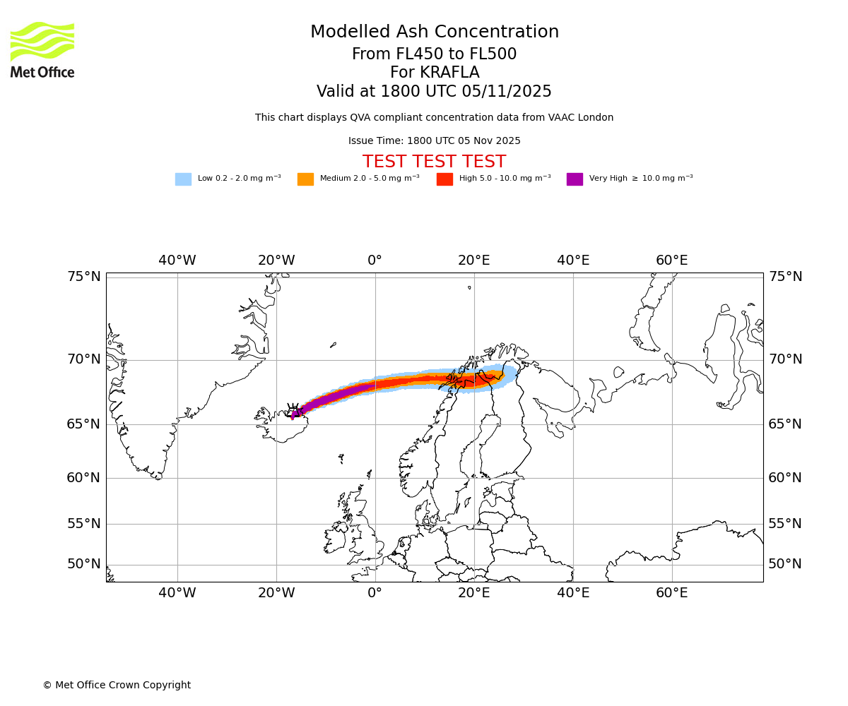 Modelled ash concentration from 450 to 500 for KRAFLA. Valid at 1800 UTC 05/11/2025