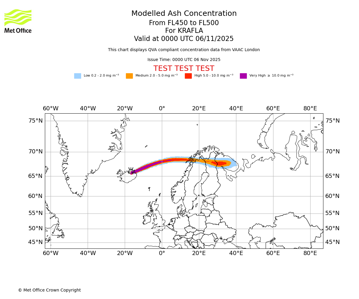 Modelled ash concentration from 450 to 500 for KRAFLA. Valid at 0000 UTC 06/11/2025