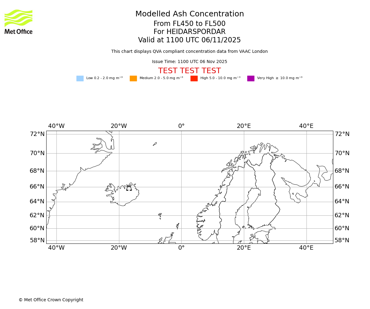 Modelled ash concentration from 450 to 500 for HEIDARSPORDAR. Valid at 1100 UTC 06/11/2025