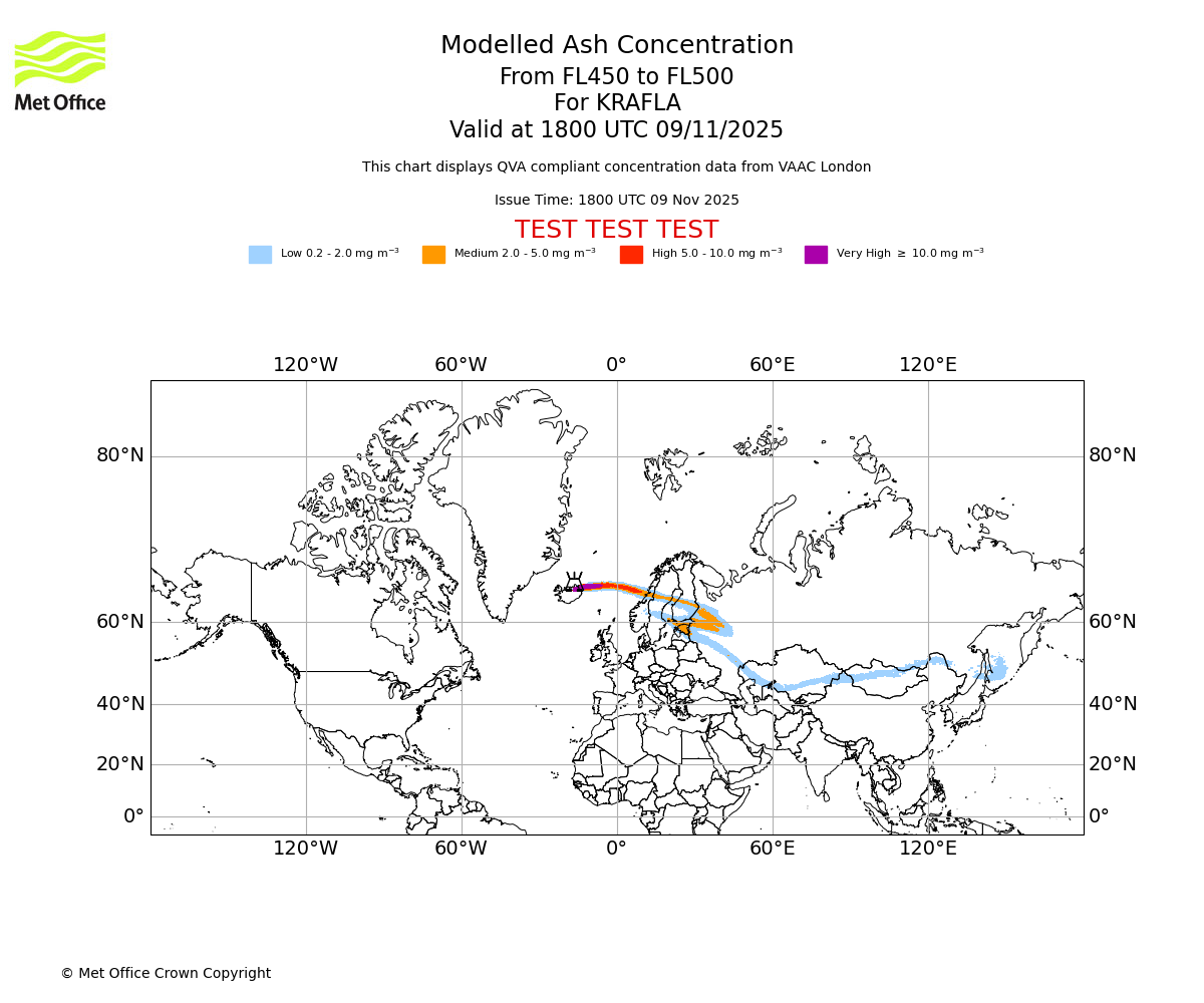 Modelled ash concentration from 450 to 500 for KRAFLA. Valid at 1800 UTC 09/11/2025