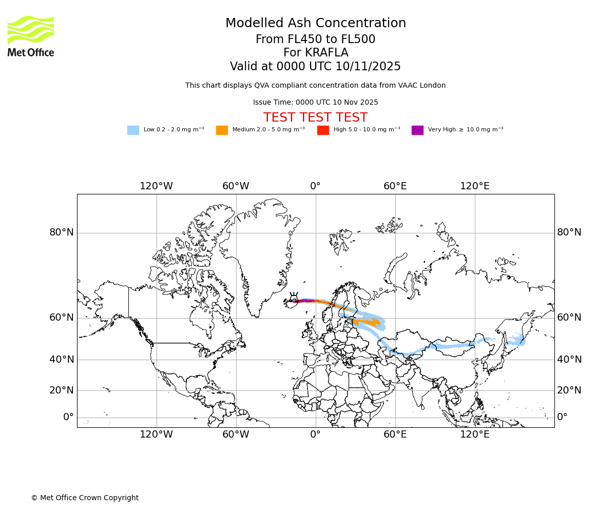 Modelled ash concentration from 450 to 500 for KRAFLA. Valid at 0000 UTC 10/11/2025