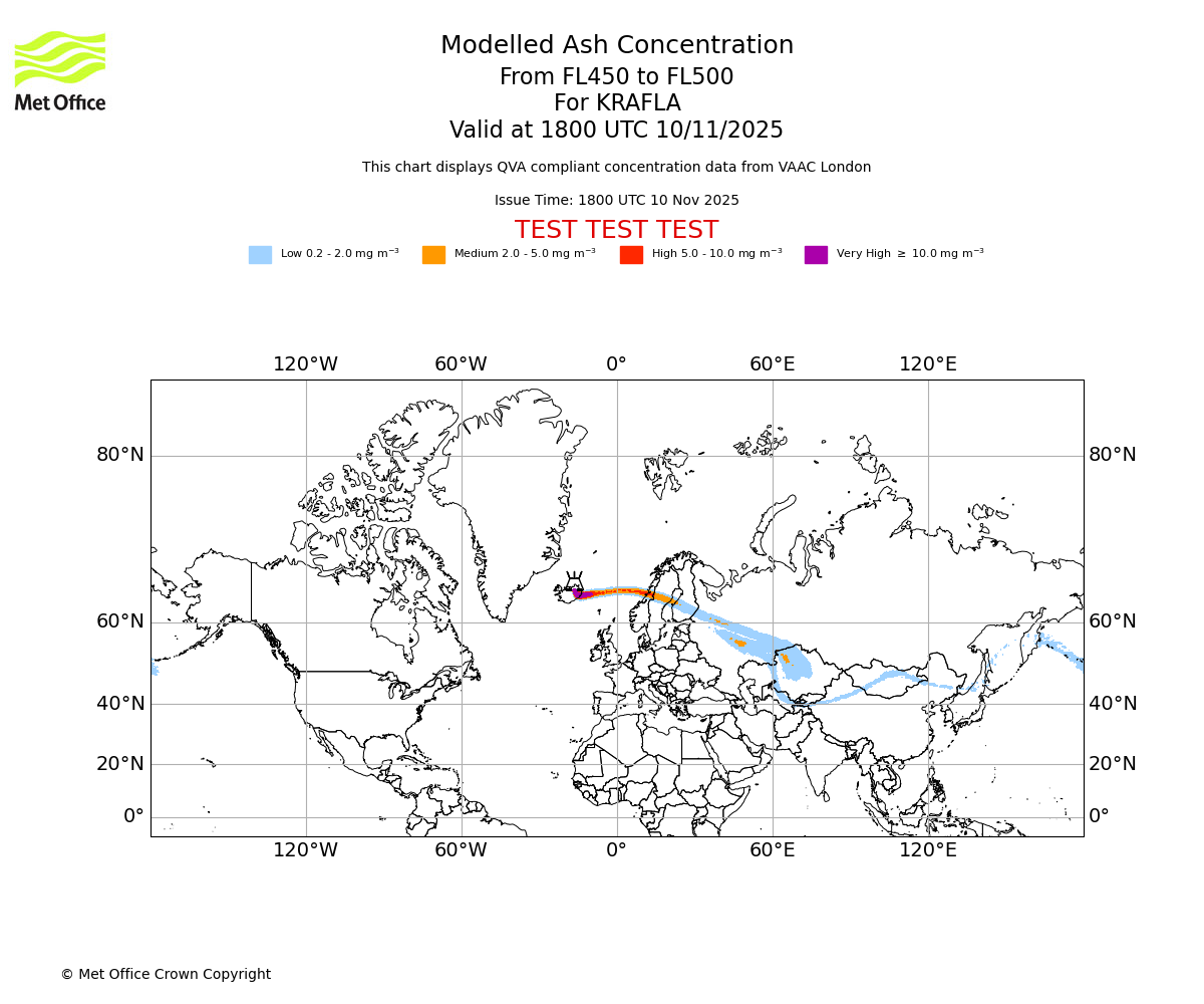 Modelled ash concentration from 450 to 500 for KRAFLA. Valid at 1800 UTC 10/11/2025