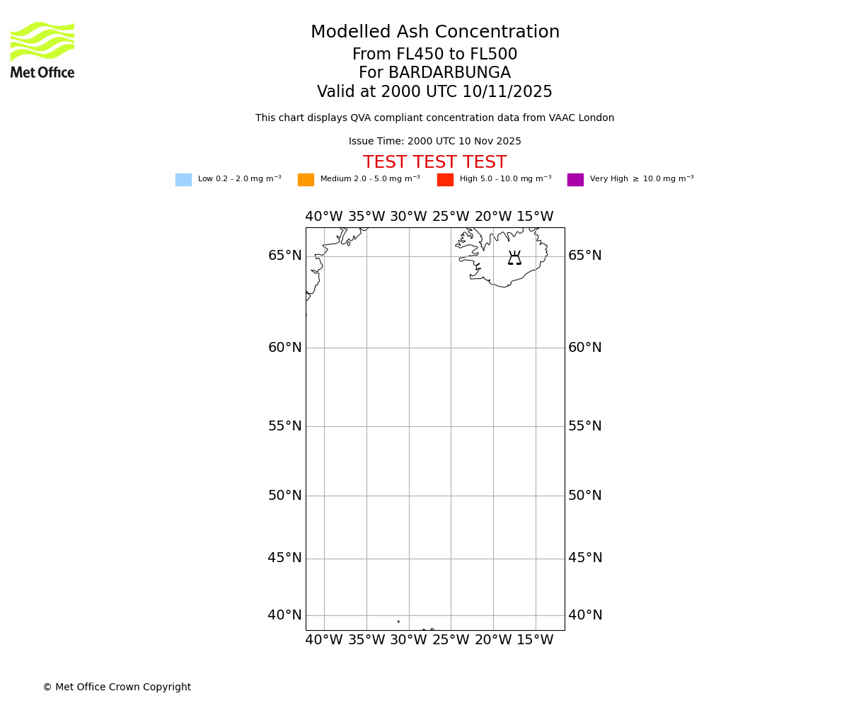 Modelled ash concentration from 450 to 500 for BARDARBUNGA. Valid at 2000 UTC 10/11/2025