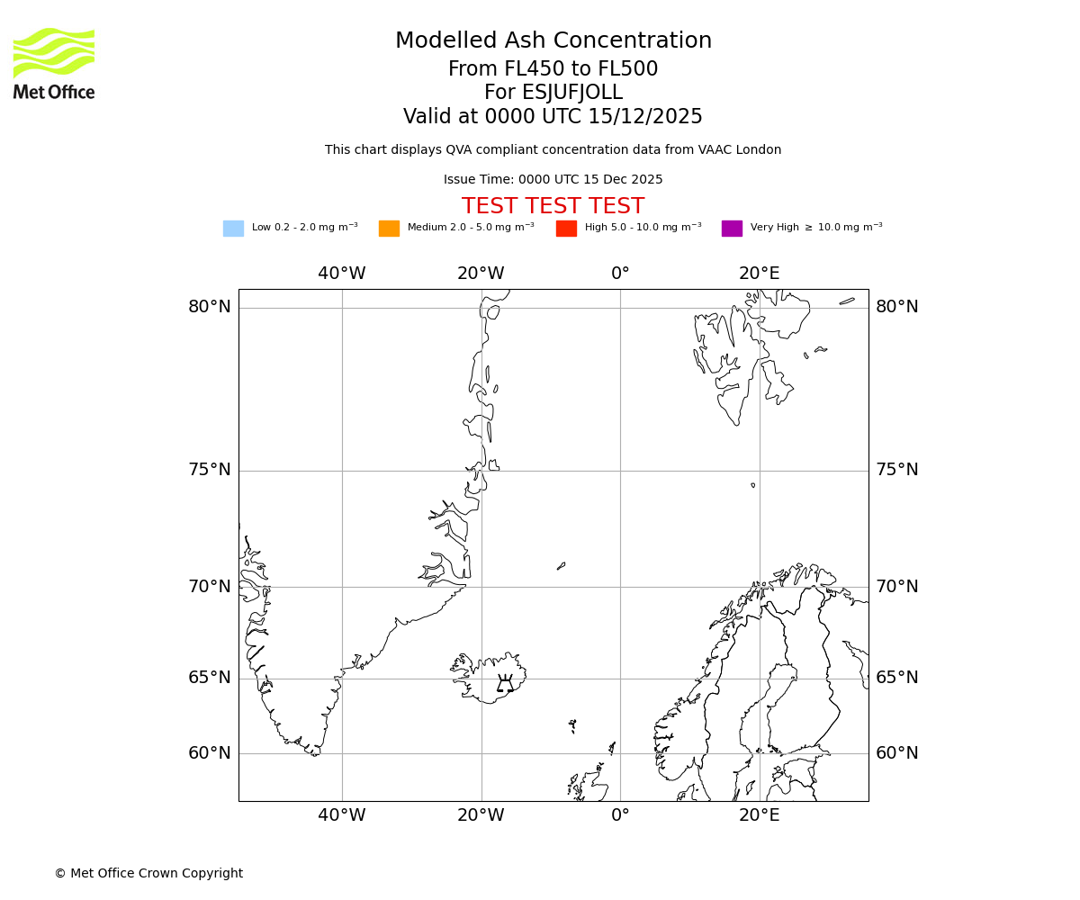Modelled ash concentration from 450 to 500 for ESJUFJOLL. Valid at 0000 UTC 15/12/2025