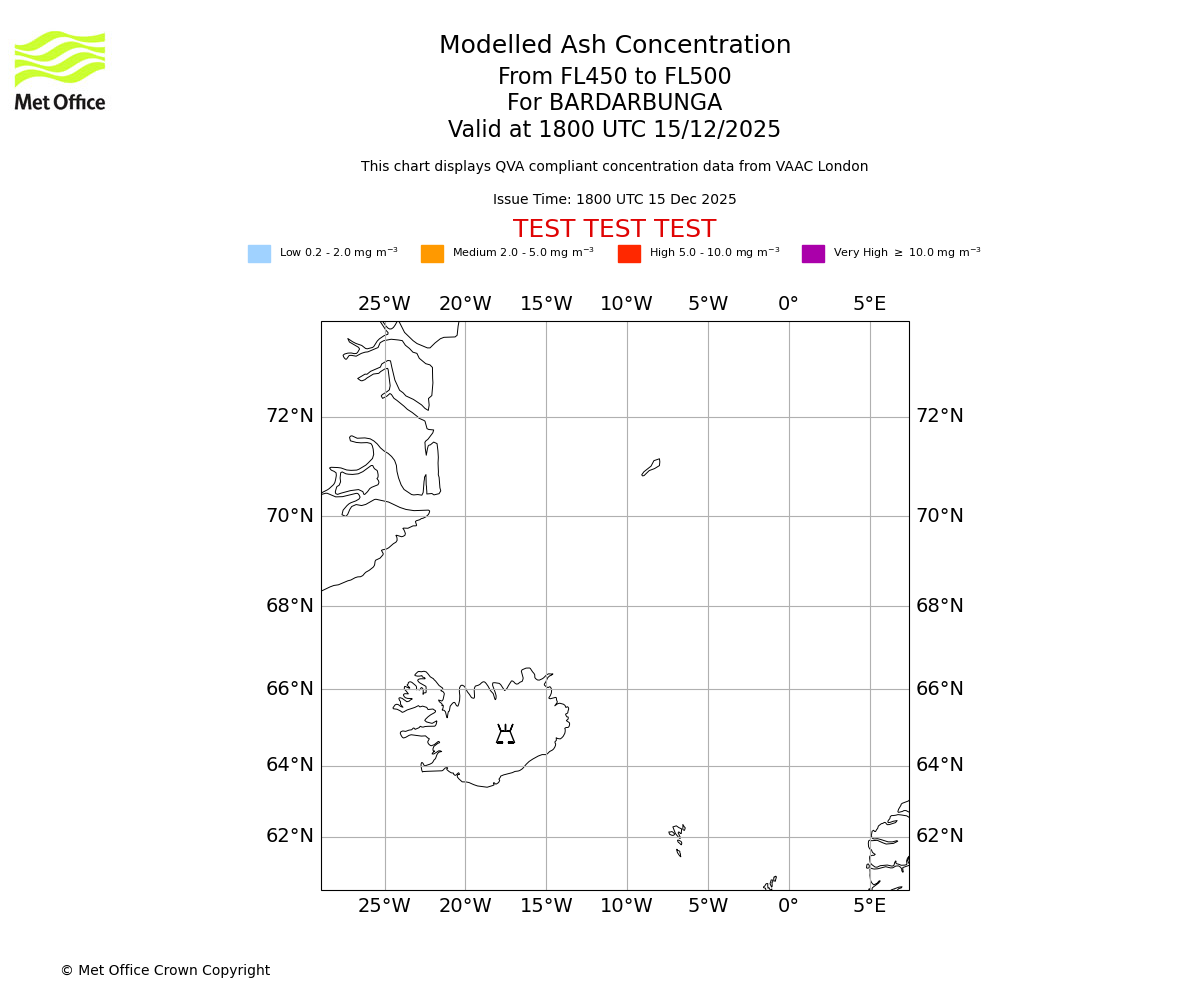 Modelled ash concentration from 450 to 500 for BARDARBUNGA. Valid at 1800 UTC 15/12/2025